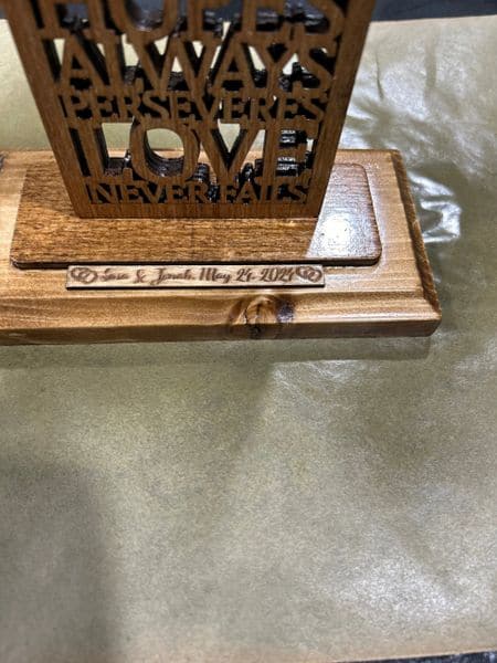 Loving family wooden photo holder with engraved message and family event date.